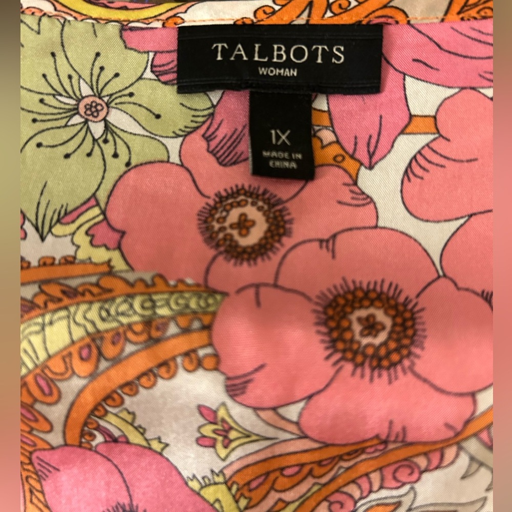 Talbots NWOT Silk 100% 1X Top Floral Paisley Hot pink orange lime 3/4 sleeve - Picture 2 of 16